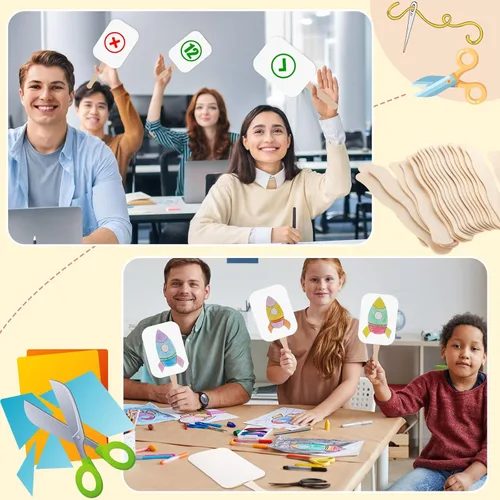 Miniatura 6 de TaoBary Juego de 50 abanicos de papel de bricolaje para iglesia, palos de mano, mango de madera, palos de manualidades, ondulados con cinta