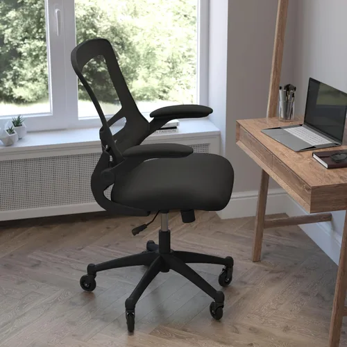 Miniatura 5 de Flash Furniture Kelista Silla de oficina ergonómica giratoria de malla negra con brazos abatibles y ruedas transparentes