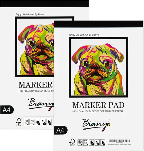 Bianyo Bloc de papel marcador a prueba de sangrado, A4 (8.27 x 11.69 pulgadas), 50 hojas/bloc, paquete de 2 blocs, 18 libras/70 GSM, encuadernado