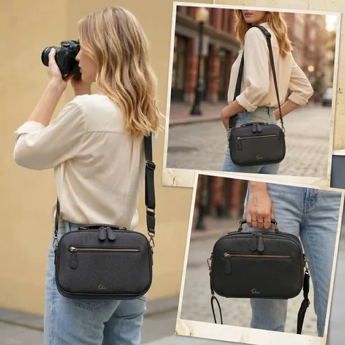 Miniatura 8 de Bolsa de hombro para cámara Divvia, bolsa de cámara impermeable de PU de cuero para fotógrafos, estuche pequeño a prueba de golpes con divisores