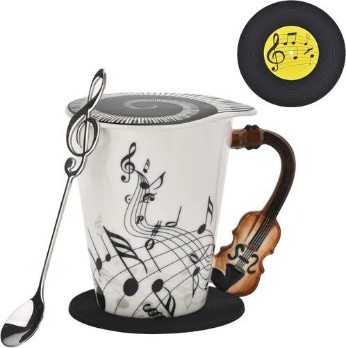 Miniatura 9 de Taza de café de guitarra de 12.9 oz con diseño de notas musicales con tapa temática de música y cuchara y posavasos, regalos para guitarristas