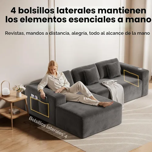 Miniatura 7 de CAMMOO Sofá modular Cloud de 108 pulgadas en una caja, sofá modular comprimido con asiento profundo, sofás de pana sin hueso, sofá en forma de L Gris