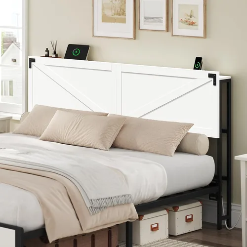 Miniatura 10 de MAHANCRIS Cabecera Solo Tamaño Queen, Cabecera con 2 Tomacorrientes y 4 Puertos USB, Cabecera Estilo Granja, con Luces LED, Almacenamiento Seguro