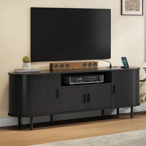 ONBRILL Soporte de TV acanalado de 69 pulgadas con toma de corriente para televisores de hasta 80 pulgadas, centro de entretenimiento con