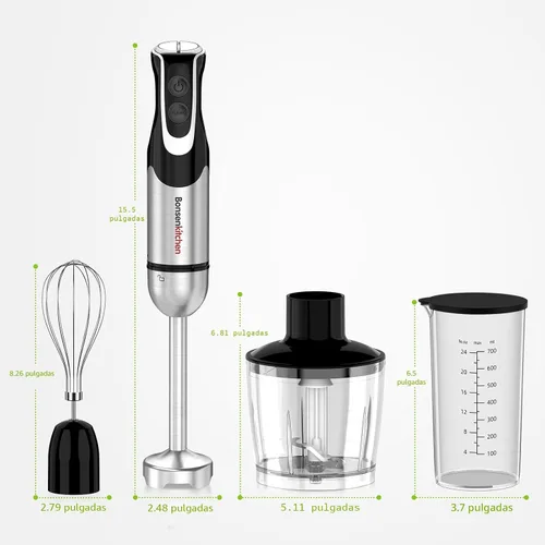 Miniatura 9 de Bonsenkitchen Batidora de inmersión 4 en 1 de mano con procesador de alimentos, batidora de mano de 12 velocidades con modo turbo, hoja de acero