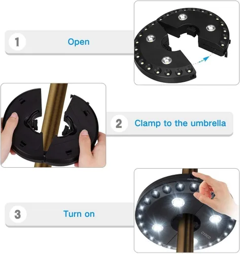 Miniatura 4 de OYOCO Luz para sombrilla de patio, 3 modos de brillo, inalámbrica, 28 luces LED a 200 lúmenes, 4 pilas AA, luz de poste para sombrilla de patio