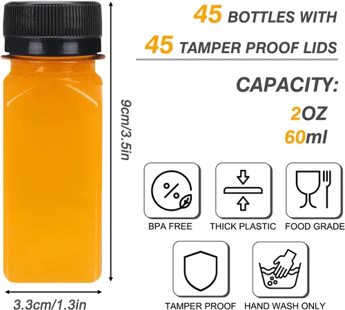 Miniatura 2 de TOMNK 45pcs 2oz Plastic Shot Juice Bottles with Caps, Ginger Shot Bottles, Reusable Clear Bulk Beverage Containers for Ginger Shot, Juice, Milk, and