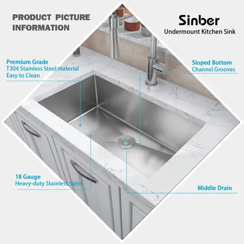 Miniatura 3 de Sinber HU3018S - Fregadero de cocina de un solo tazón con montaje bajo encimera, 30" x 18" x 10", acabado satinado de acero inoxidable calibre 18 304