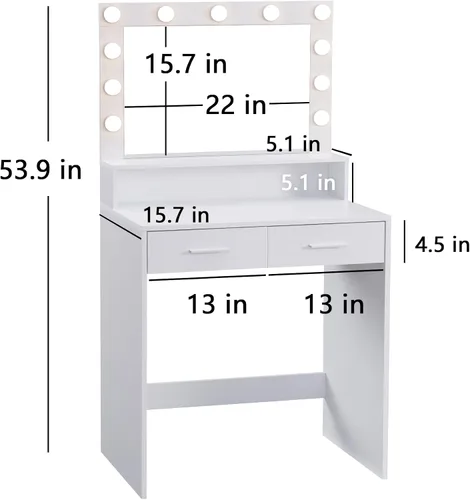 Miniatura 8 de MIRROTOWEL Escritorio de tocador con espejo y luces, tocador con cajón grande, cómoda de almacenamiento de 2 niveles y 3 modos de iluminación