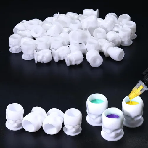 Miniatura 10 de YILONG Tapas de tinta desechables para tatuaje, vasos de tinta de tatuaje de calavera con base estable y 200 unidades por paquete, soporte Calavera