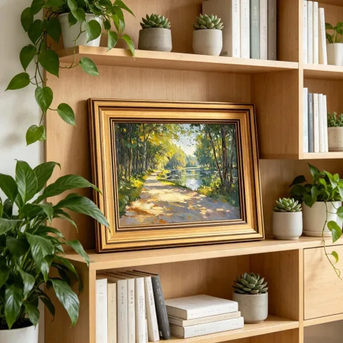 Miniatura 3 de Lienzo enmarcado en oro, bosque de sol, arte de pared, textura 3D, impresionista, paisaje, decoración, imagen, primavera, verano, naturaleza