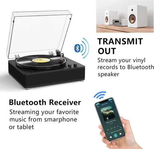 Miniatura 2 de Reproductor de discos de vinilo con transmisor inalámbrico de entrada/salida Bluetooth, placa de tamaño completo, tocadiscos de 3 velocidades