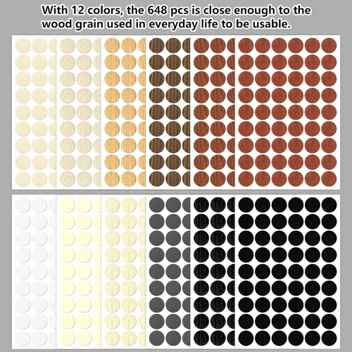 Miniatura 6 de 648 piezas de 12 colores autoadhesivos para agujeros de tornillo, calcomanías de PVC a prueba de polvo para muebles de madera, gabinete, pared