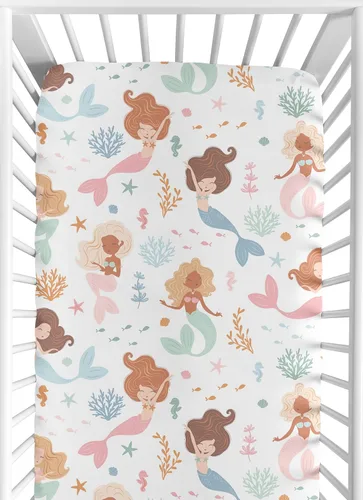 Miniatura 5 de Sweet JoJo Designs Sábana bajera ajustable para cuna portátil para bebé niña coral y turquesa para colección de plumas, para mini cuna o paquete