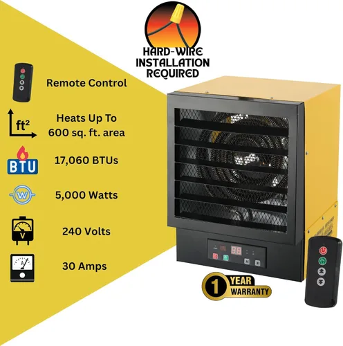 Miniatura 4 de Dura Heat EWH5510 - Calentador de aire eléctrico forzado con control remoto 17,060 Btu, amarillo, grande