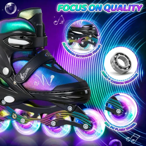 Miniatura 4 de Nattork Patines en línea ajustables para niños y adolescentes con ruedas iluminadas, color degradado, deslizamiento suave Negro