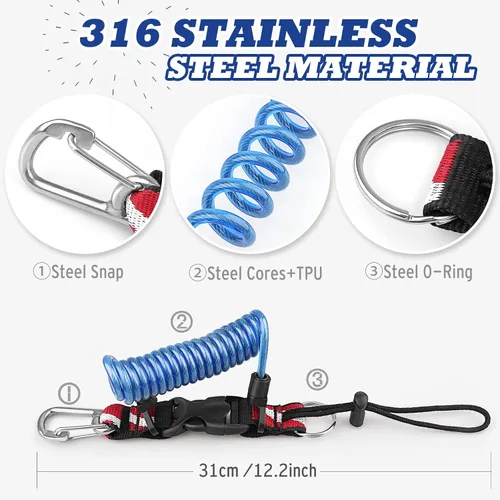 Miniatura 4 de Cordón de buceo, cordón en espiral de acero inoxidable resistente con hebilla de liberación rápida y correa de banda de bandera de buceo para Azul