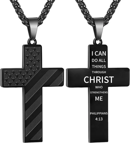 DuoDiner Collar de cruz de 18+2 pulgadas, versículo de la Biblia, cadena colgante de bandera estadounidense de acero inoxidable para hombre, regalo