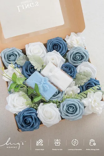 Miniatura 5 de Ling's moment Caja de flores falsas, tallos de vegetación artificial falsa, rosas de espuma, flor de seda Gardenia para centros de mesa, ramo, Azul
