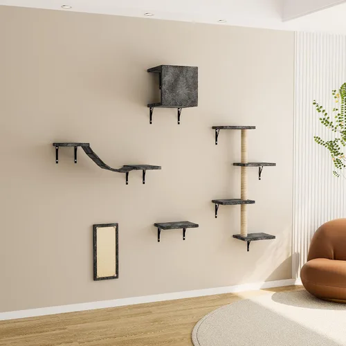 Miniatura 8 de Muebles montados en la pared de árbol para gatos, estantes de escalada para jugar con gatitos y relajarse, incluye tabla de rascar, puente de Beige