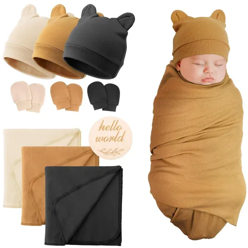 Miniatura 15 de DRESHOW BQUBO Manta para Recién Nacido con Sombrero de Moño y Guantes de Algodón, Manta de Envoltorio para Bebé Cálido, Saco de Dormir para Bebé