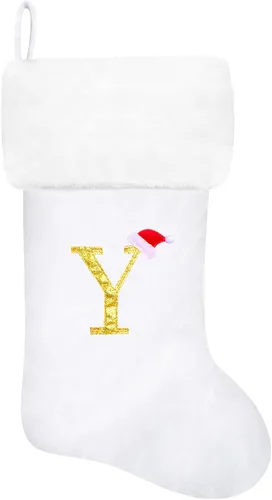 Miniatura 129 de Calcetines de Navidad bordados de 20 pulgadas con monograma, terciopelo negro con puño de felpa blanca supersuave, adornos clásicos para decoración