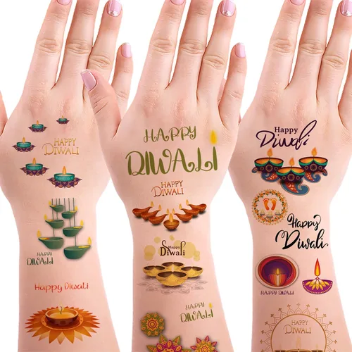 Oringaga 390 tatuajes temporales para fiestas de Happy Diwali para niños, suministros de fiesta hindú de Diwali, suministros de fiesta, bolsas de