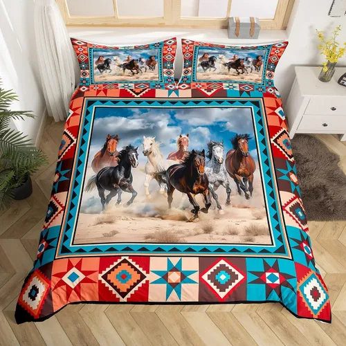 Miniatura 22 de Juego de funda de edredón con diseño de caballos, atrapasueños para niños, adolescentes, hombres, funda de edredón con estampado de caballos
