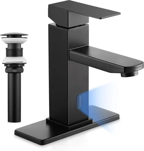 Miniatura 9 de Herogo - Grifo de lavabo de baño sin contacto, sensor automático, color negro mate, cascada de acero inoxidable, con drenaje desplegable de latón