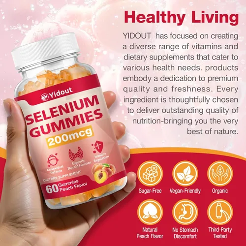 Miniatura 6 de Suplemento de selenio para gomitas de apoyo tiroideo de 200 mcg como refuerzo de energía para mujeres y hombres, sabor melocotón
