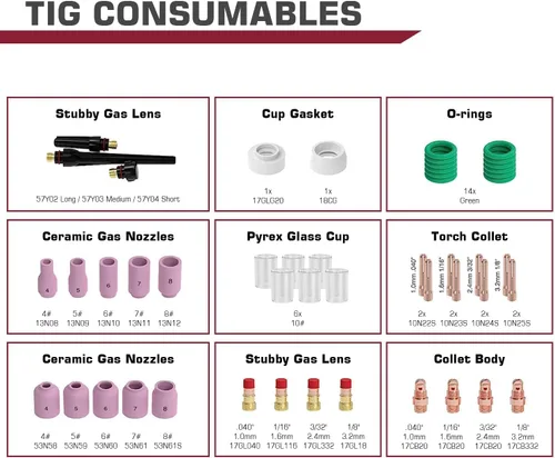 Miniatura 3 de ARCCAPTAIN 49 piezas Kit de accesorios para antorcha de soldadura TIG, boquilla de alúmina, colet, cuerpo, lente de gas gruesa, #10 Copa de vidrio
