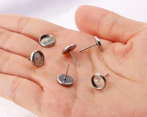 Miniatura 3 de Shapenty Aretes de bisel de cabujón en blanco de acero inoxidable, postes planos y redondos, bandeja de bisel para aretes de resina epoxi, bricolaje