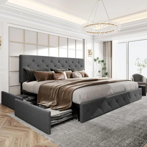Miniatura 24 de HOOMIC Base de cama de almacenamiento de plataforma de tamaño matrimonial con 4 cajones y cabecera ajustable, listones de madera, no necesita Gris