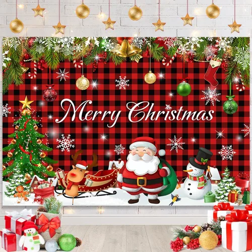 AIBIIN Telón de fondo de Navidad a cuadros de búfalo de 7 x 5 pies, decoración de fiesta de Feliz Navidad, árbol de Navidad, rojo y negro, a rojo-2