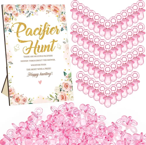 Miniatura 53 de Thyle Juego de 51 piezas de chupete de caza para baby shower, incluye signo de caza y 50 chupetes acrílicos para decoración de juegos de baby Rosa