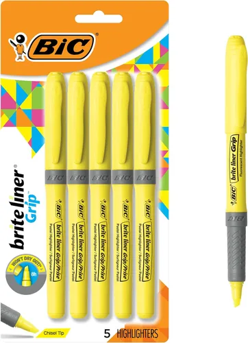 BIC Brite Liner Grip - Resaltadores con punta de cincel, paquete de 5 resaltadores, amarillo, juego de resaltadores ideal para organizar y colorear