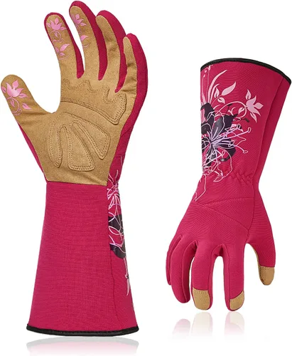 Vgo SL7445 - Guantes de jardinería de cuero sintético para mujer, guantes de trabajo de manga larga, transpirables y con agarre, de alta destreza,