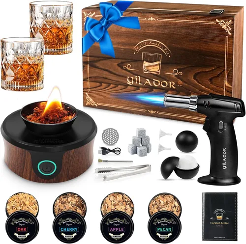 Kit de ahumador de whisky eléctrico con antorcha, caja de madera premium, 4 astillas de madera, moldes para hielo, recetas, kit de ahumador de