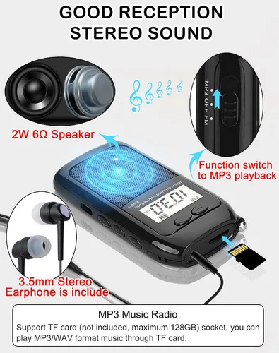 Miniatura 3 de Radio portátil FM AM de onda corta con altavoz y retroiluminación, reproductor de MP3 compatible con tarjeta TF, radios de bolsillo estéreo
