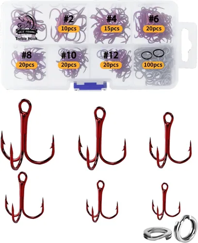 Miniatura 13 de UCEC Kit de Ganchos de Pesca, Ganchos Treble de Acero de Alto Carbono Fuertes y Agudos de Curva Redonda para Agua Salada y Agua Dulce, para Trucha