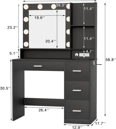 Miniatura 8 de YESHOMY Escritorio de tocador con espejo, toma de corriente y 10 luces, mesa de maquillaje con 4 cajones, 3 modos de color disponibles para Negro