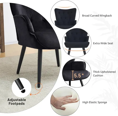 Miniatura 5 de Furniliving Silla de Acento de Terciopelo para Sala de Estar, Silla de Lectura Tapizada con Respaldo Alto, Sillón de Respaldo Alado con Botones Negro