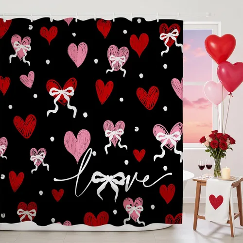 Mocsicka Cortina de ducha de San Valentín, decoración de baño, estilo vintage, diseño de corazón, juego de cortina de ducha retro de San Valentín