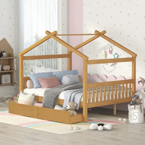 Miniatura 28 de JIVOIT Cama de plataforma de madera con dos cajones, cama de casa tamaño individual con diseño de techo, patas de pino macizo, cabecera y estribo