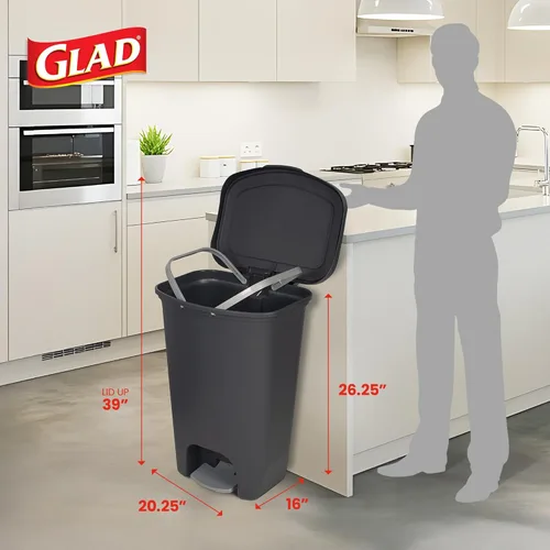 Miniatura 2 de Glad Paquete de 2 botes de basura de 13 galones, cubos de basura de plástico para cocina con protección contra olores de tapa, manos libres