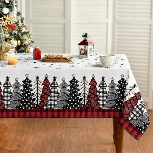 Horaldaily Mantel de Navidad 52×70 Pulgadas, Mantel de Árboles de Navidad a Cuadros de Búfalo Rojo Lavable para Decoración de Fiesta, Picnic, Cena