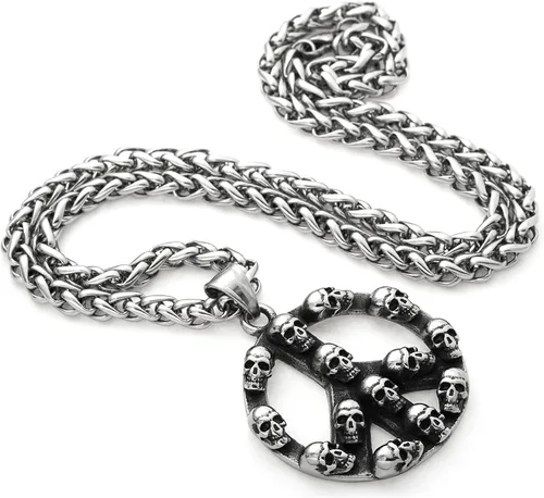 Miniatura 4 de Gungneer Collar de cadena con dije de símbolo de paz hippie de calavera, collar de cadena de motociclista de rock, joyería steampunk para hombres