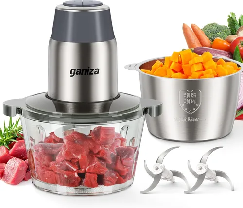 GANIZA Procesadores de Alimentos, Picadora Eléctrica de Alimentos con Moledora de Carne y Picadora de Verduras - 2 Tazones (8 Tazas+8 Tazas) con Gris