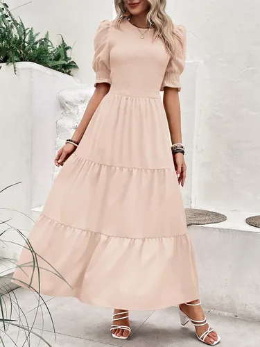 Miniatura 33 de BTFBM Vestidos para mujer, cuello redondo, casual, de verano, con volantes, manga corta, bohemio, con niveles, fruncido, largo, con estampado floral