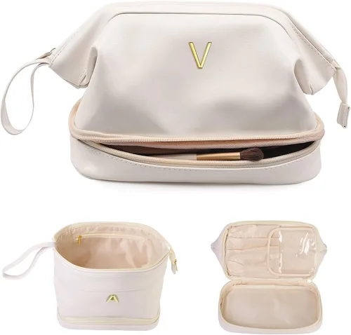 Miniatura 86 de Regalos para mujer, bolsa de maquillaje grande con inicial, artículos esenciales de viaje, bolsa de cosméticos personalizada de doble capa
